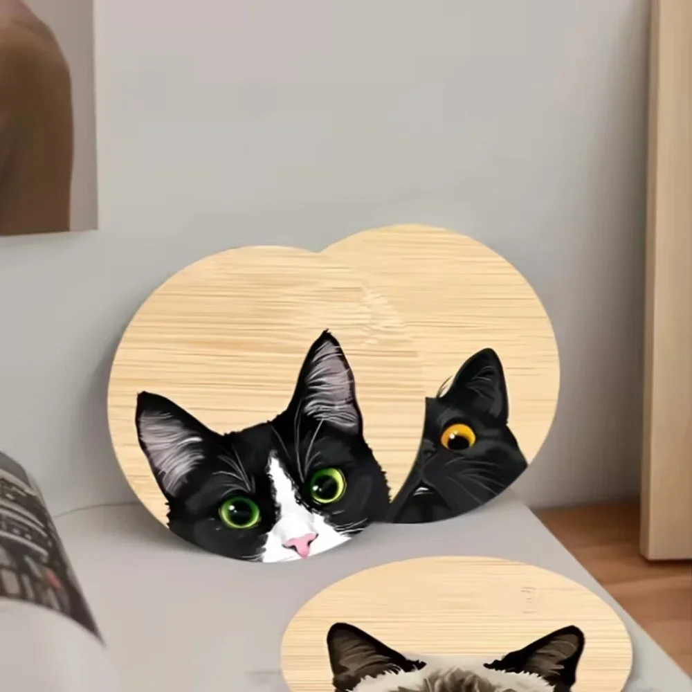 (6 Pc) Cute Cat Heads Wooden‎ Coaster Set (NEW & SO CUTE!)